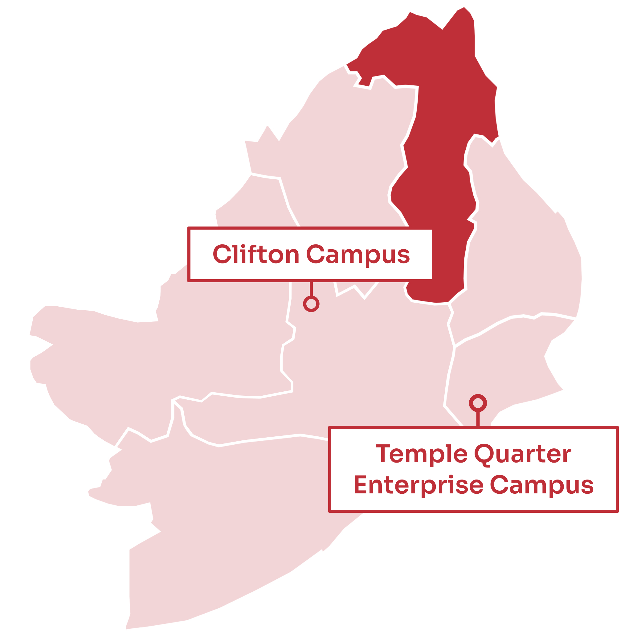 A map of Bristol with the Gloucester Road and Stokes Croft area highlighted to the north east.  Clifton Campus is  south west of the highlighted area. Temple Quarter Enterprise Campus is  to the south.